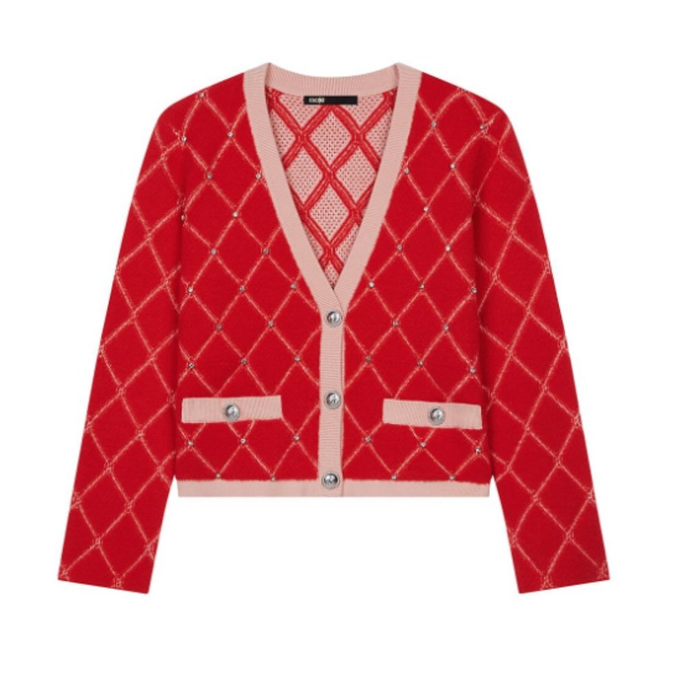 Maje Diamond Pattern Rhinestone Knit Cardigan
